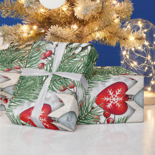Rustic Pine Cone Holly Berries Christmas Holiday Wrapping Paper