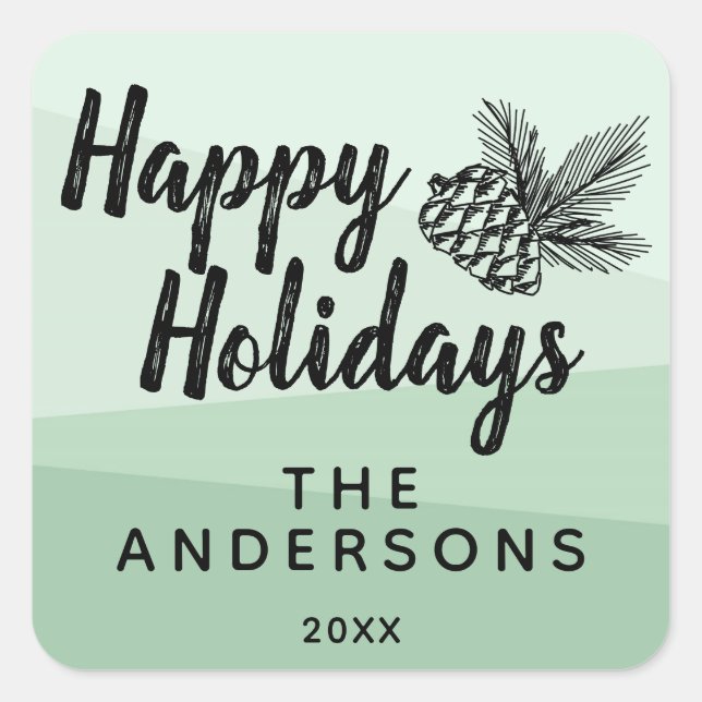 Rustic Pine Cone Mint Green Happy Holidays Square Sticker (Front)
