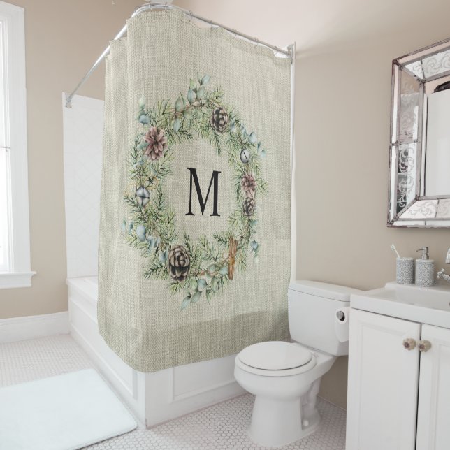 Rustic Pine Cone Wreath Monogrammed Farmhouse  Shower Curtain (In Situ)