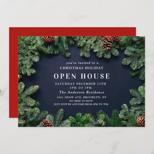 Rustic Pine Cones Christmas Open House Invitation (Front/Back)