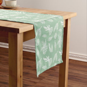 Rustic Pine Cones Pattern White & Mint Holiday Short Table Runner