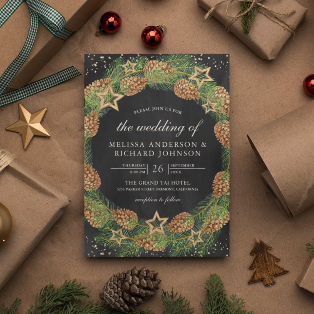 Rustic Pine Cones Wreath Black Christmas Wedding Invitation (Creator Uploaded)