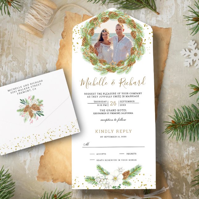 Rustic Pine Cones Wreath Photo Christmas Wedding All In One Invitation (Creator Uploaded)