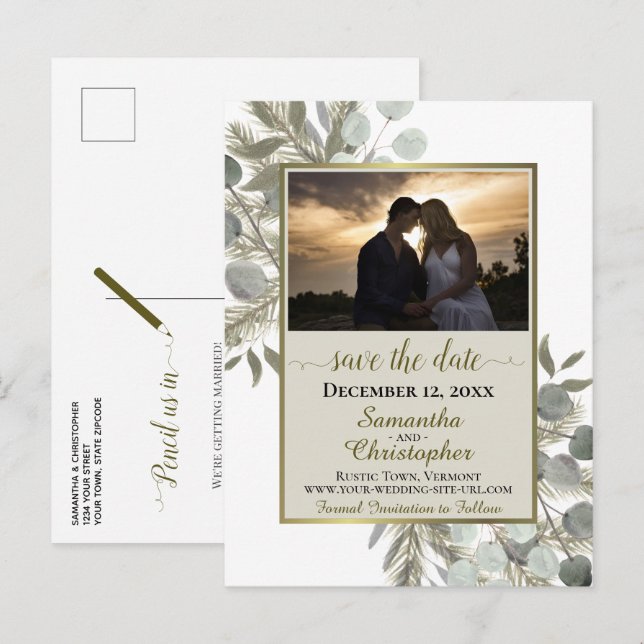 Rustic Pine & Eucalyptus Tan Save the Date Photo Announcement Postcard (Front/Back)