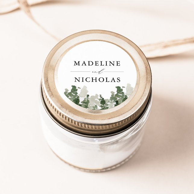 Rustic Pine Forest Personalised Wedding Classic Round Sticker (Creator Uploaded)