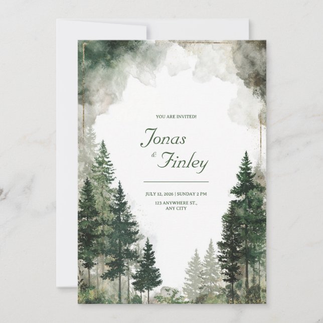Rustic Pine Forest Watercolor Gold Wedding Invitation (Front)