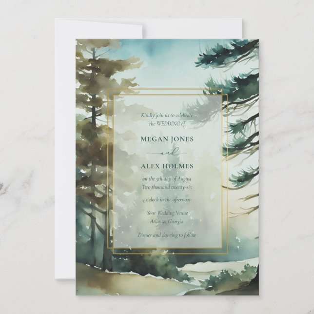Rustic Pine Forest Watercolor Wedding Invitation (Front)