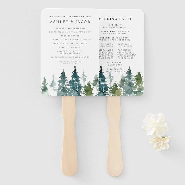Rustic Pine Forest Wedding Program Hand Fan (Front and Back)