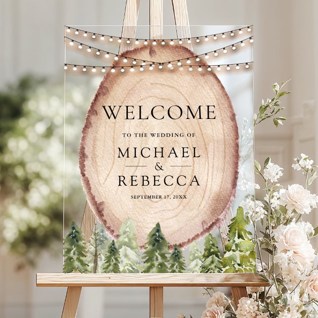 Rustic Pine Forest Wood Slice Wedding Welcome Acrylic Sign (Creator Uploaded)