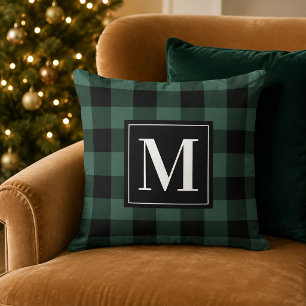 Rustic Pine Green Black Buffalo Plaid Monogram Cushion