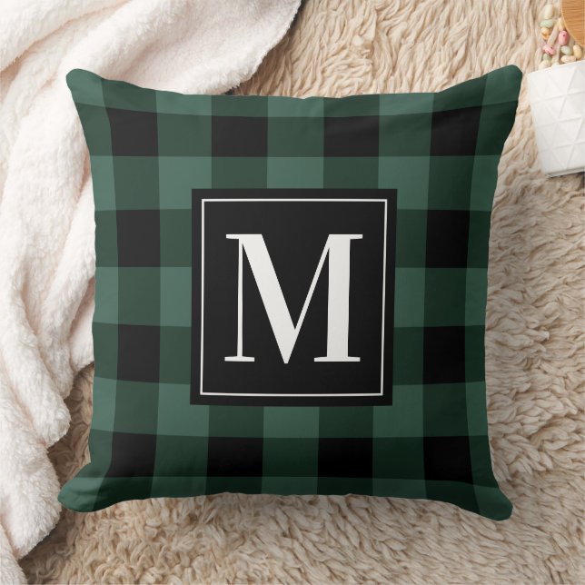 Rustic Pine Green Black Buffalo Plaid Monogram Cushion (Blanket)