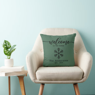 Rustic Pine Green Welcome to Our Home Custom Name Cushion