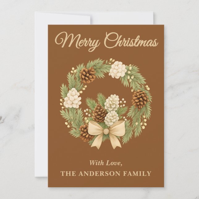 Rustic Pine Greenery Holiday Wreath Christmas Card (Front)