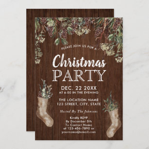 Rustic Pine Greenery Watercolor Christmas Party Invitation
