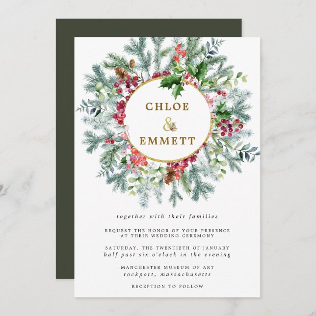 Rustic Pine, Holly and Berry Wreath Wedding Invitation (Front/Back)