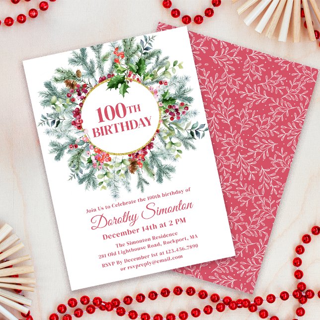 Rustic Pine Holly Berry Wreath 100th Birthday Invitation (Matching party supplies available - napkins, welcome signs etc. Message me for help finding them. )