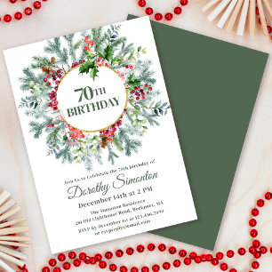 Rustic Pine Holly Berry Wreath 70th Birthday Invitation