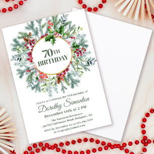 Rustic Pine Holly Berry Wreath 70th Birthday Invitation