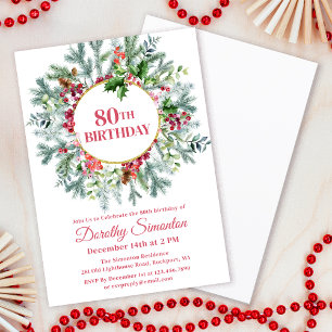 Rustic Pine Holly Berry Wreath 80th Birthday Invitation