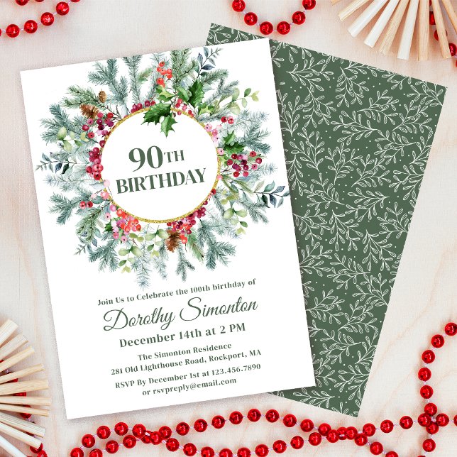 Rustic Pine Holly Berry Wreath 90th Birthday Invitation (Need matching party supplies? Welcome signs, napkins, papper plates. Message me!)
