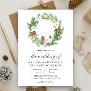 Rustic Pine Leaves Floral Wreath Christmas Wedding Invitation