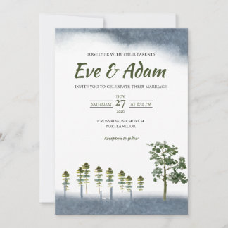 Rustic Pine Meadow Fence Watercolor Winter Wedding Invitation