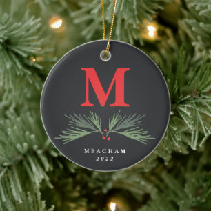 Rustic Pine Monogram Photo Christmas Ceramic Ornament