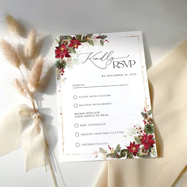 Rustic Pine Poinsettia Floral Christmas RSVP Card (Creator Uploaded)
