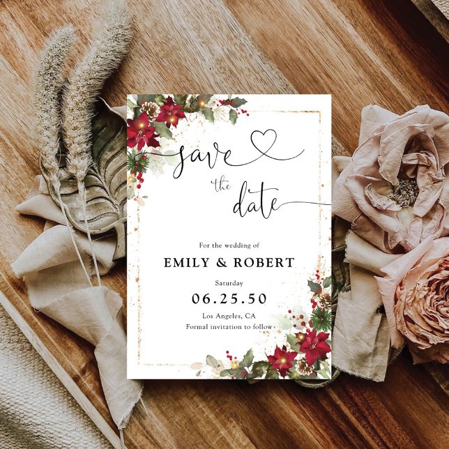 Rustic Pine Poinsettia Floral Christmas Save The Date (Creator Uploaded)