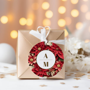 Rustic Pine Poinsettia Floral Christmas Wedding Classic Round Sticker