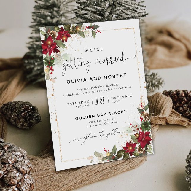 Rustic Pine Poinsettia Floral Christmas Wedding Invitation (Creator Uploaded)