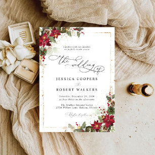 Rustic Pine Poinsettia Floral Christmas Wedding Invitation
