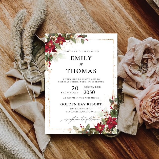 Rustic Pine Poinsettia Floral Christmas Wedding Invitation (Creator Uploaded)