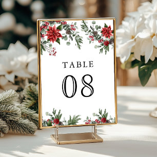 Rustic Pine Poinsettia Floral Christmas Wedding Table Number