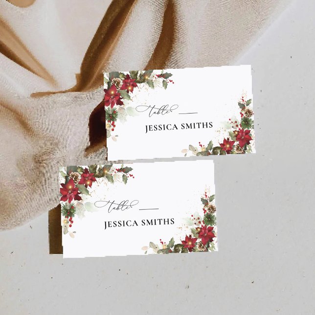 Rustic Pine Poinsettia Wedding Flat Place Card (Creator Uploaded)