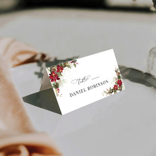 Rustic Pine Poinsettia Wedding Folded Place Card