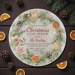 Rustic Pine Rose Wreath Christmas Luncheon Invitation