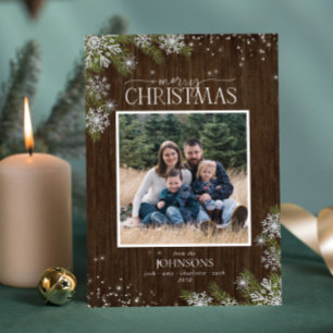 Rustic Pine Snowflakes Merry Wood Family Photo Holiday Card