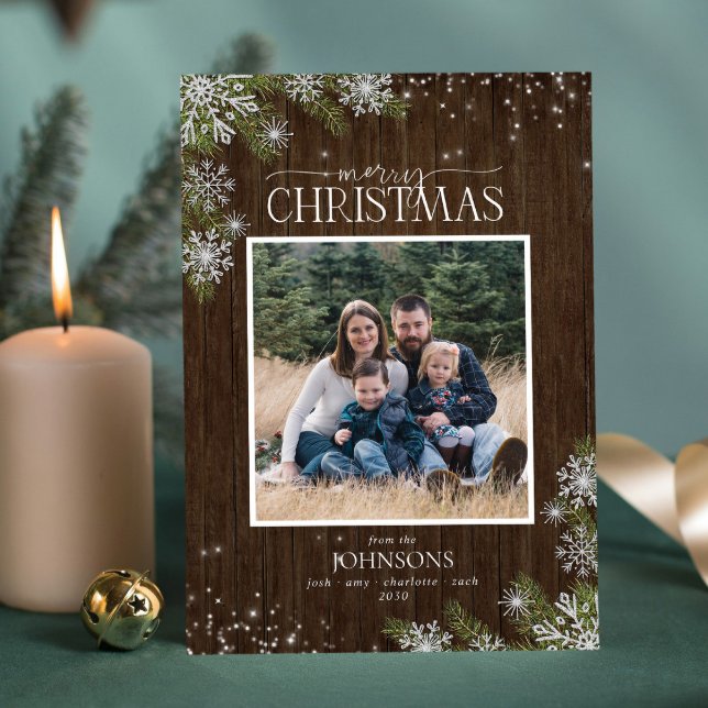 Rustic Pine Snowflakes Merry Wood Family Photo Holiday Card (Creator Uploaded)