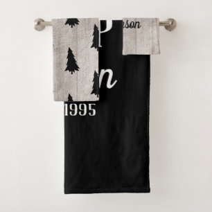 Rustic Pine Tree Black White And Wood Bath Towel Set