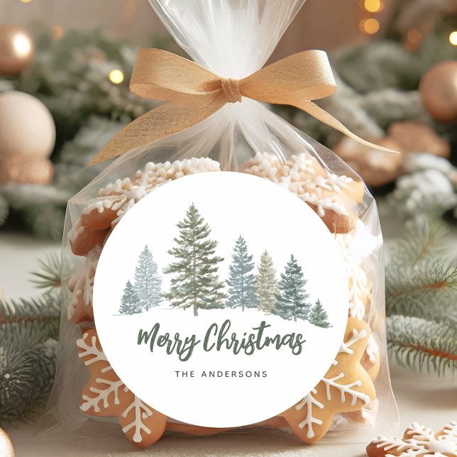 Rustic Pine Tree Christmas  Classic Round Sticker (Creator Uploaded)