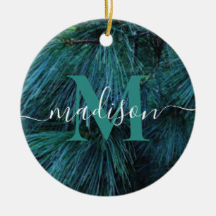 Rustic pine tree conifer evergreen monogram ceramic ornament