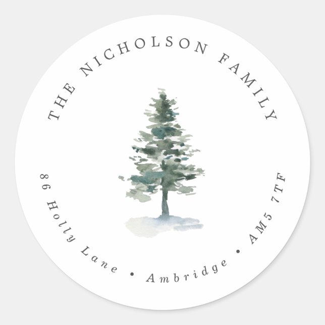 Rustic Pine Tree Family Return Address Classic Round Sticker (Front)
