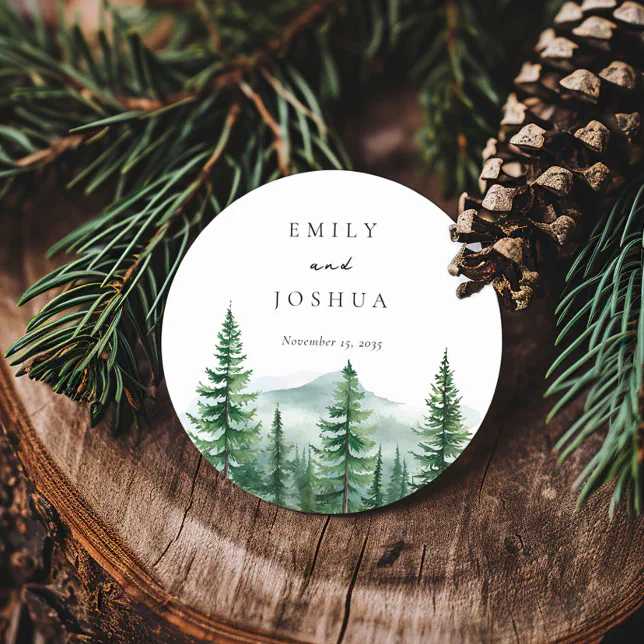 Rustic Pine Tree Forest Wedding Classic Round Sticker | Zazzle