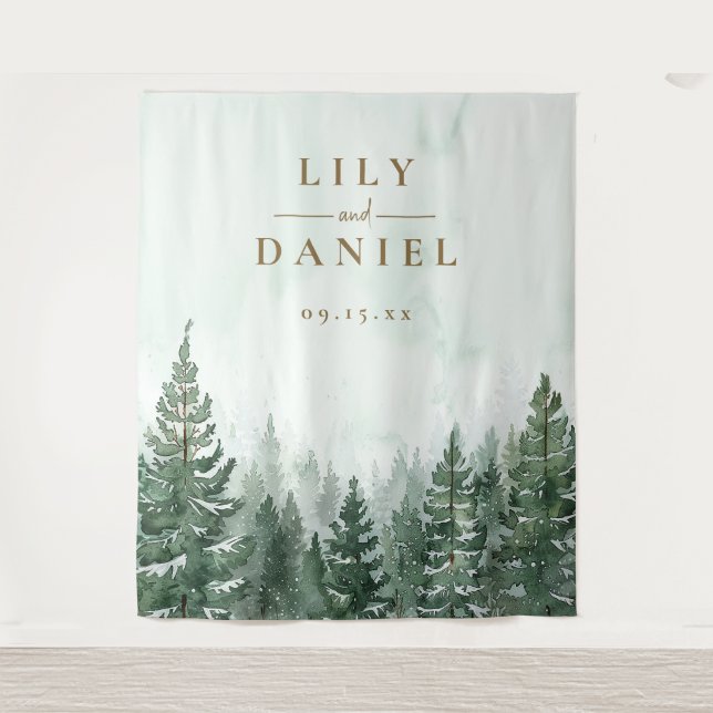 Rustic Pine Tree Forest Wedding Photo Backdrop Tapestry (Front)