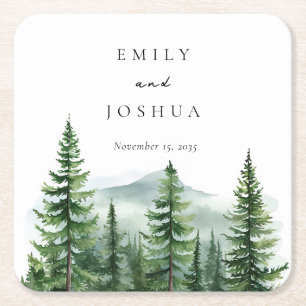 Rustic Pine Tree Forest Wedding Square Paper Coaster