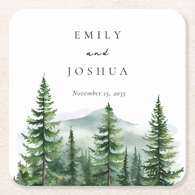 Rustic Pine Tree Forest Wedding Square Paper Coaster (Front)