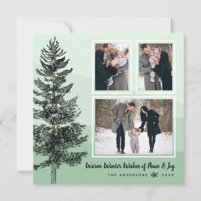 Rustic Pine Tree Mint 3-Photo Collage Greeting Holiday Card (Front)