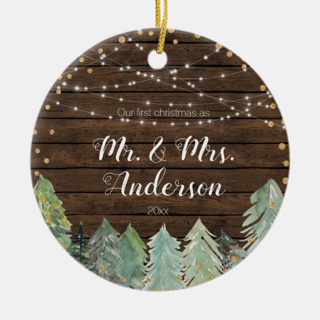 Rustic pine tree Our First Christmas Ceramic Ornament (Front)