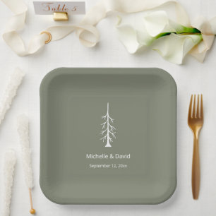 Rustic Pine Tree Sage Green Casual Wedding  Paper Plate